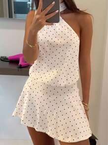 INAWLY Women Polka Dot Print Backless Mini Halter Dress - White - View 2