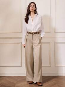 Briarwyn Einfarbige, gefaltete, plissierte, elegante Pendlerhose mit weitem Bein, helles Apricot, moderne, lockere Hose mit geradem Bein für Pendler in der Stadt, lässige gerade Hose mit hohem Bund, modische, einfarbige, elegante Hose mit weitem Bein und Taschendetail fürs Büro, moderne, lockere Hose mit geradem Bein für Pendler in der Stadt - Aprikosenfarben - Übersicht 4