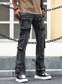Manfinity EMRG 男士休闲日常紧身牛仔马蹄裤 - 灰色 - 查看 3
