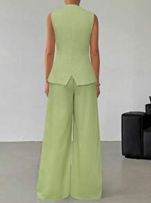 SHEIN EZwear Women's Spring/Summer Lime Green Linen Casual Vest And Wide-Leg Pants 2 Pieces Set In Fall/Winter - Lime Green - View 2