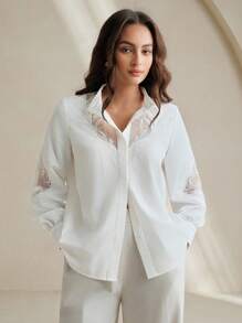 Anewsta Elegant Fashionable Sheer Mesh Embroidered Design White Blouse, Business - White - View 5