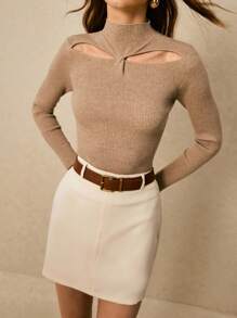 Poéselle Suéter de punto elegante de manga larga con cuello alto abotonado y calado, para mujer. Suéteres de mujer, ropa neutra para mujer, atuendos beige para mujer, suéter acanalado, suéter con calado para otoño/invierno