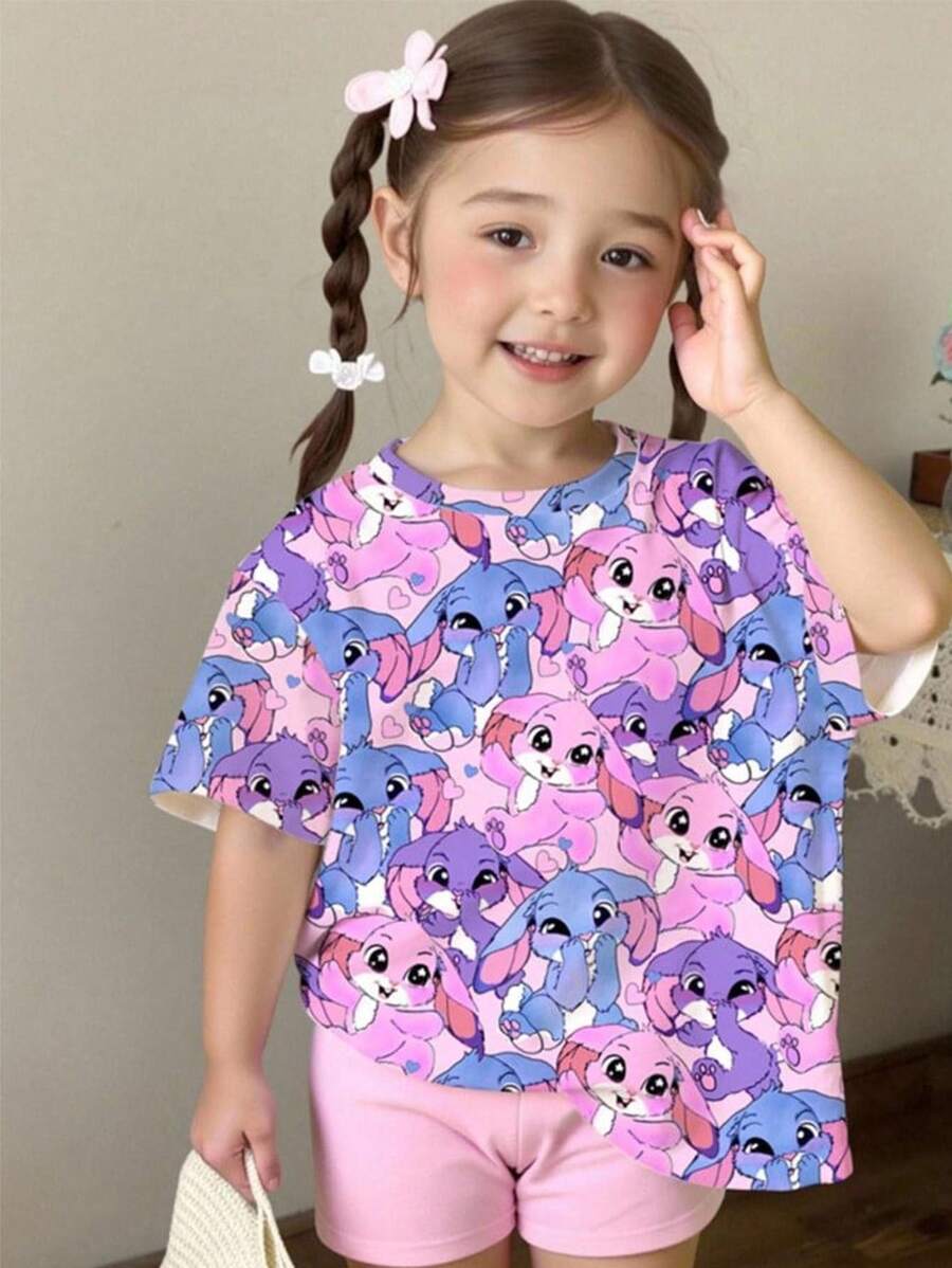SHEIN Young Girls' Summer Fashion Cute Cartoon Rabbit Animal Group Allover Digital Print Round Neck T-Shirt, Sweet And Top - Multicolor - View 1