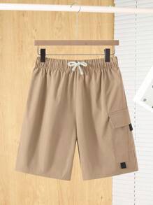 SHEIN 青少年男孩休闲工装口袋短裤，运动街头朋克摇滚校园休闲，适合春夏季卡其色工装短裤