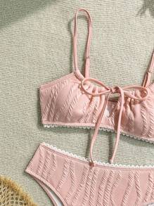 Swim Mod 女士白色纹理面料镂空胸前蝴蝶结蕾丝花边高腰三角裤，时尚、优雅、可爱比基尼两件套比基尼套装 - 淺粉色 - 查看 6
