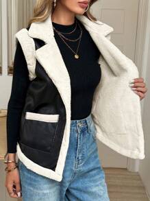 SHEIN LUNE Chaqueta sin mangas de mujer casual con bolsillos, de piel y peluda, chaleco de invierno cálido
