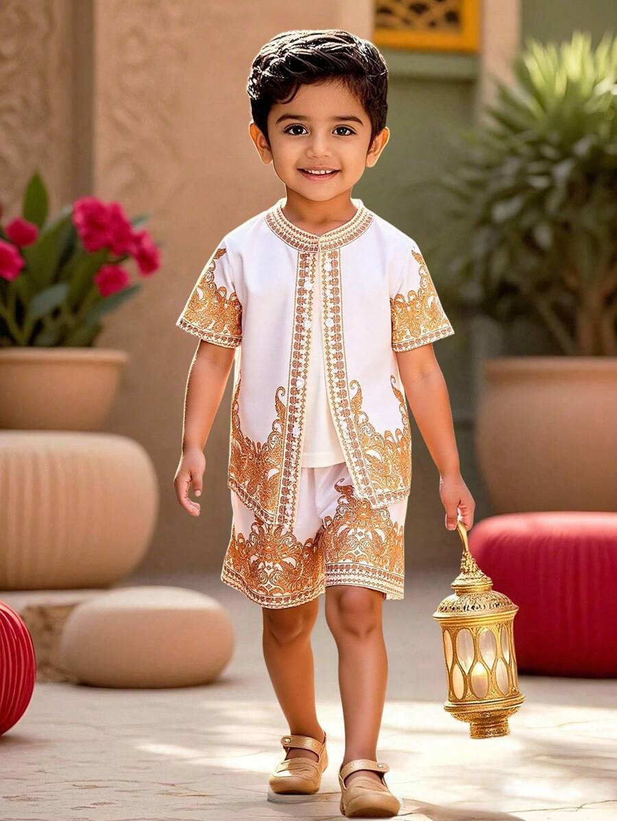 SHEIN 2pcs/Set Young Boy Print T-Shirt And Shorts Casual Cute Sportswear Fashionable Street Style, Spring/Summer - White - View 1