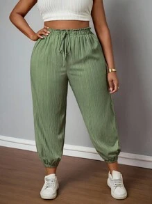 SHEIN PETITE CURVE 大码纯色抽绳腰宽松锥形裤