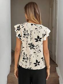 Easowa Boho Women Clothing Spring Floral Shadow Print Ruffle Hem Round Neck Blouse For Women - Khaki - View 2