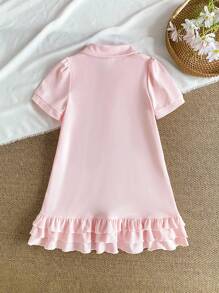 Girls Casual Rainbow Print Puff Sleeve Polo Collar Ruffled Hem Short Sleeve Dress  Back To School Girls Clothes Girls Summer Outfits Back Tp School Clothes School Clothes School Supplies School Bags  Girls Polo Dress Back To School School Clothes - Pink - View 2