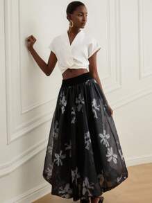 GENKIRA Váy Maxi Maxi Không Dây Voan Organza Hoa Ngẫu Nhiên Lấy Cảm Hứng Từ Đêm Đầy Sao, Váy Xòe Xòe Mây Trắng Lấp Lánh, Trang Phục Thanh Lịch Cho Tiệc Tối & Tiệc Tối - Đen và trắng - Xem 7