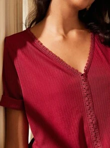 Écloséra Elegant French Retro Women's T-Shirt Retro V-Neck Lace Stitching Summer Wear Spring And Summer Women's T-Shirt Vintage Going Out Tops Women - Burgundy - View 2