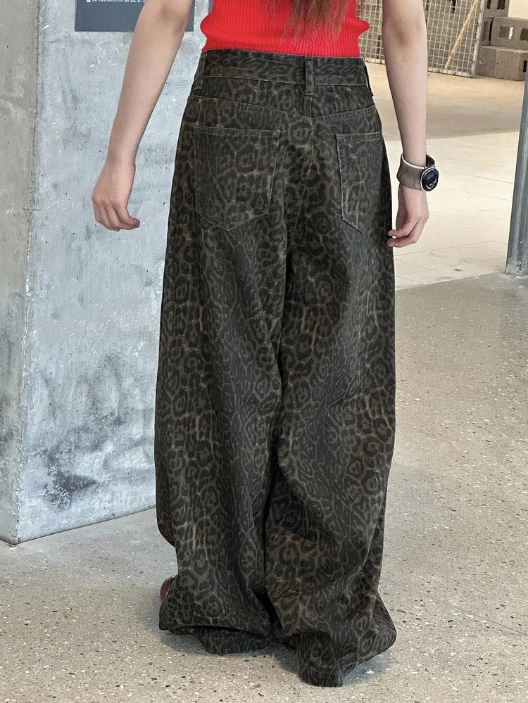 Teen Girls Loose Straight Leopard Print Jeans, Stylish