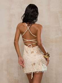 Glamine Women's Mesh Backless Tie-Up Elegant Romantic Sexy Date Dress, Evening Cocktail Party Dress, Wedding Guest Dress, Holiday Vacation Dress, Girls' Night Out, Clubwear, Dinner Date Outfit Sequin Dress