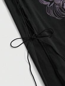 ROMWE Avant Vintage Dragon, Floral & Cloud Waves Print Plus Size Women Bodycon High Slit Lace-Up Bandeau Dress - Black - View 9