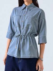 LYSMO 夏季女士舞会/正式场合/海滩/度假/可爱/西部风/商务休闲/优雅/生日/外出/夜店/办公室/节日/锐舞派对/工作服/优雅/乡村音乐会/早午餐/邮轮/老钱/机场/得体/教堂/童话/下午茶/千禧一代/街头风/2000年代/迪斯科/春假/毕业典礼/婚礼宾客/鸡尾酒会/复古/修身/度假/蓝色短袖宽松牛仔上衣/牛仔纽扣口袋上衣/抽绳/腰部/牛仔上衣，外出 - 藍色 - 查看 6