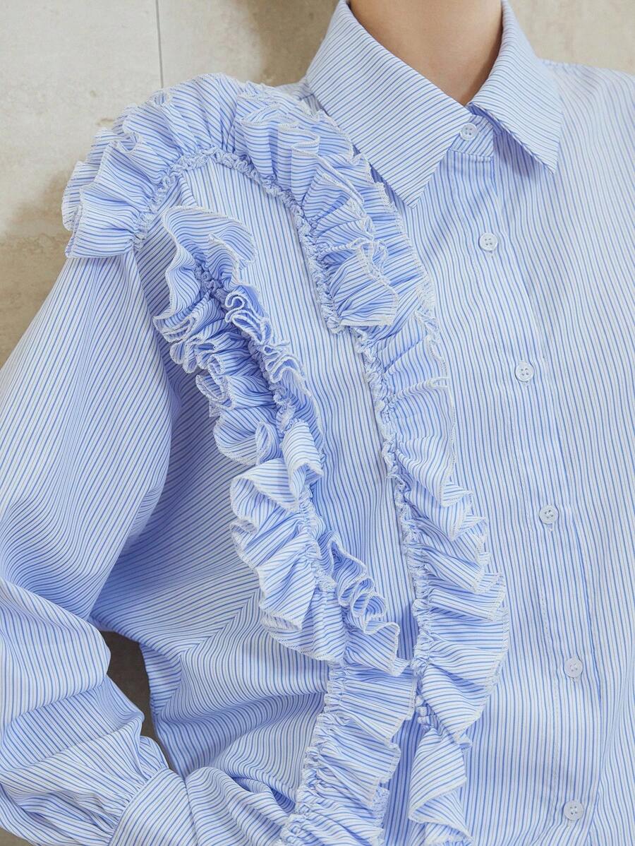 Aveloria Modichic Damen elegante gestreifte Bluse mit Blume Muster und Farbblöcken, weite Laternenärmel für Frühling und Herbst - Verschiedenfarbig - Übersicht 1