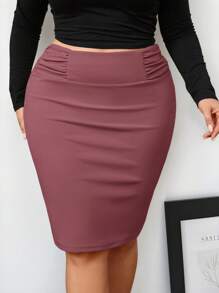 Firerie Plus Size Mulheres Cor Sólida Plissada Elegante Bodycon Saia - Rosa - Ver 3