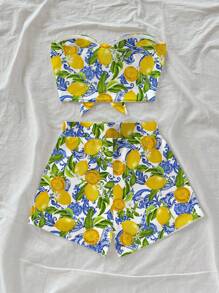 Soleia 女士复古蓝白花卉和柠檬印花短款上衣和短裤两件套，适合假日、约会、下午茶、派对、音乐节、波西米亚风度假休闲穿着 - 黃色 - 查看 2
