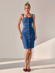 CLARA VERO 小巧斜插口袋纽扣前牛仔中长连衣裙 - 中等水洗藍 - 查看 4