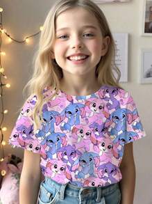 SHEIN Young Girls' Summer Fashion Cute Cartoon Rabbit Animal Group Allover Digital Print Round Neck T-Shirt, Sweet And Top - Multicolor - View 3
