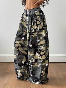 Coolane Women's & Men's  Summer Streetwear Vintage Y2K Casual Camo Hippie Oversized Army Green Star Print Camo Cargo Pants