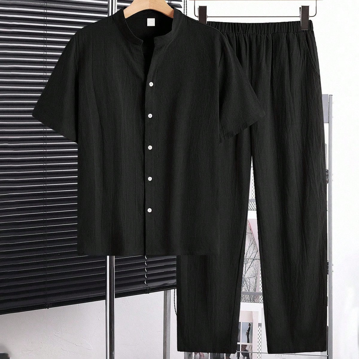 Conjunto de 2 piezas de camisa de manga corta con cuello alto y pantalones holgados, versátil y cómodo para adolescentes de forma rentable