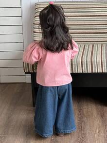 Dazy Kids Bluzka dla dziewczynki w jednolitym kolorze, z koronką kontrastową i luźnym rękawem typu latarnia, na wiosnę/jesień, ubrania dla maluchów na jesień, bluzki z długim rękawem, damskie - Różowy - Zobacz 2