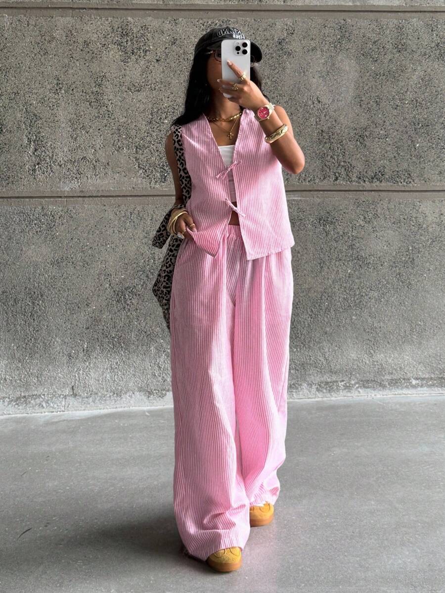 Coolane Kids Teen Girls Spring/Summer Striped Light Blue Fitted Sets,Two Pieces Outfits,Parent-Child Clothing - Pink - View 1