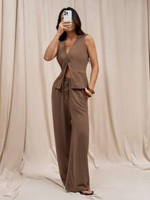 SHEIN PETITE Women Summer Casual Solid V-Neck Fitted Tank Top And Wide Leg Loose Pants Set - Brown - View 1