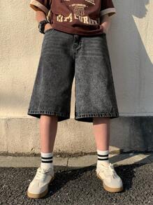 SHEIN Tween Boy Fashion Casual Y2k Light Blue Simple Comfort Base Mix And Match Loose Straight Jean Shorts For Boy Soft Dailywear And Kids Summer And Spring Clothes Boys Streetwear Shorts Boys Denim Shorts - Grey - View 6