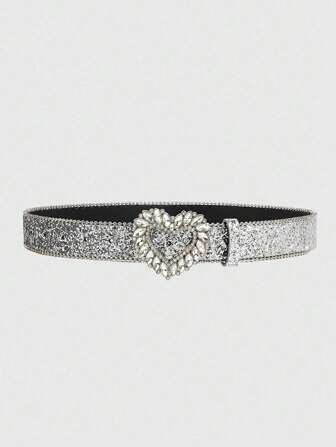 ROMWE Avant 1pc Sweet Punky Style Rhinestone Embellished Belt, Y2K Fashion Silver Glitter Heart Buckle Leather Belt, Personalized Accessory