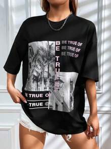 SHEIN EZwear 建筑与口号图案落肩 T 恤 BE TRUE OF BE TRUE OF BE TRUE OF - 黑色 - 查看 6