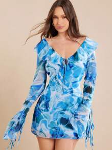 L'Amorae Robe de vacances mini à manches longues avec détail de volants floraux élégants, tenues d'été pour femmes - Bleu azur - Voir 2