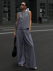 DAZY 2pcs Women's Summer Round Neck Sleeveless Denim Top With Back Tie And Loose Casual Denim Pants Set, Teenage Girls Vacation Style