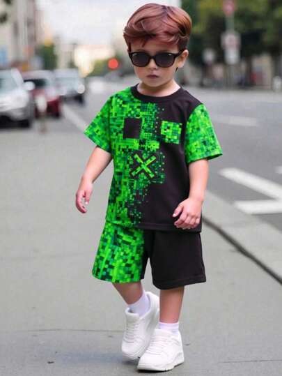 SHEIN 2pcs/Set Toddler Boys Creative Graphic Square Pattern Plaid Print Short Sleeve T-Shirt And Shorts Casual Outfit, Sibling Matching Outfits (2 Set Pieces Sold Separately) Toddler Boys Summer Clothes Toddler Boy Clothes Boys Neon Green Shorts Set Boys 2 Piece Shorts Set Kids Streetwear