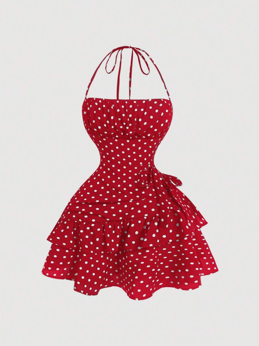SHEIN MOD Neck Gathered Bust Ruched Waist Ruffle Hem Polka Dot Print Dress - Burgundy - View 1