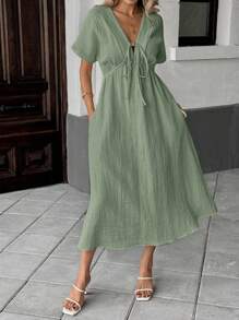 SHEIN LUNE Robe mi-longue à manches courtes casual avec nœud, couleur abricot, pour femmes