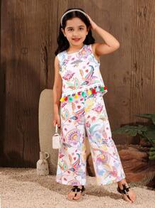 Conjunto de blusa sin mangas con estampado floral y pantalones de pierna ancha para niña joven con adornos de borlas para vacaciones