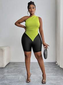 SHEIN PETITE CURVE Pantalones informales de calle, con bolsillos tridimensionales, cintura ancha, ajuste ceñido, pantalones de ciclismo, shorts elásticos de cuero tejido para mujeres, para el verano, adecuados para personas de estatura talla grande baja - Negro - Ver 6