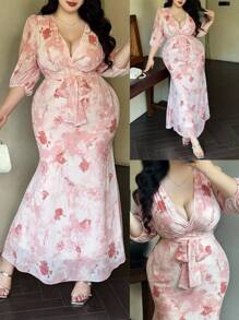 Flirla Vestito a fantasia floreale con scollo a V profondo, maniche a palloncino, vita regolabile con laccio, silhouette aderente in chiffon, ideale per vacanze, appuntamenti e feste, elegante e romantico - Rosa - Visualizzare 1