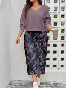 SHEIN LUNE Plus Size Women Autumn/Winter Maple Leaf Print Casual Sweatshirt Dress 2 Pieces Set,Holiday Outfits - Multicolor - View 5