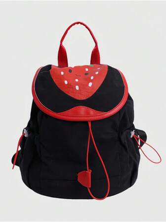 Kawaii 1 pieza Mochila de moda con estampado de fresa kawaii y lindo en color negro, adecuada para uso diario, escuela, viajes, etc.