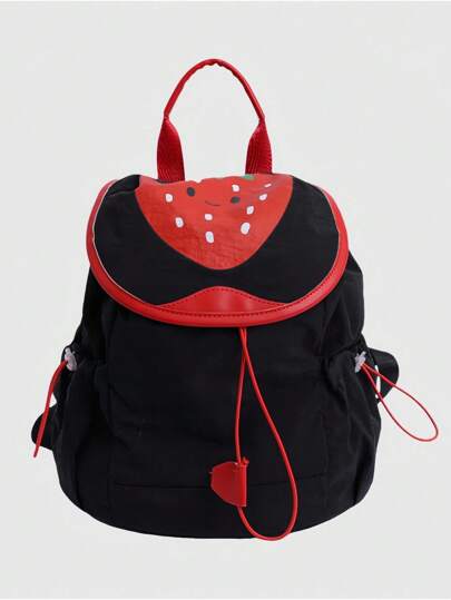 1pc Black Kawaii Cute Summer Strawberry Print Fashion Backpack For Women, Suitable For Daily Commute, School, Travel, Etc.