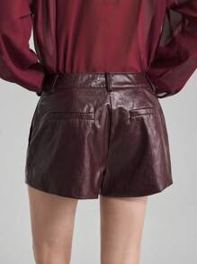 Ontre 极简优雅拼接2025新款女士短裤，酒红色，PU材质，低腰，休闲/商务，秋季日常服饰，优雅短裤 - 酒紅色 - 查看 8