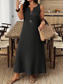 EMERY ROSE Plus Size Sleeveless Solid Color Dress, Vacation & Casual - Black - View 1