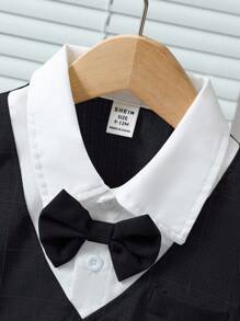 Souflis Souflis 2pcs Baby Boy Plaid Pattern Colorblock Lapel Short Sleeve Shirt & Shorts Set Baby Boy Clothes Formal Suit For Baby Baby Boy Dress Clothes Toddler Suit Set Baby Boy Formal Clothes - Black - View 6