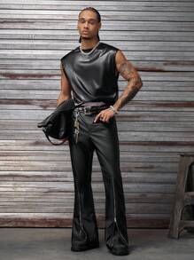 AXEPEAK Men's Street Fashion Leather Zipper Decor Pants , Fall Winter - Black - View 5