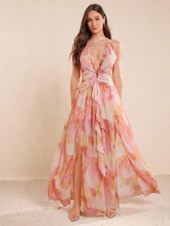 L'Amorae 女式夏季优雅满印花荷叶边露背吊带连衣裙