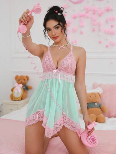 PetitDoll 2pcs Set Wireless Women's Sexy Lingerie Dress With Lace And Mesh Patchwork